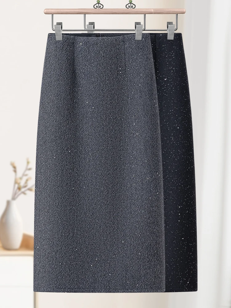 

Gray Woolen Skirt Women's Autumn Winter High Waist Straight A-Line Sequin One-Step Skirt Commute Korean Style Slim Fit