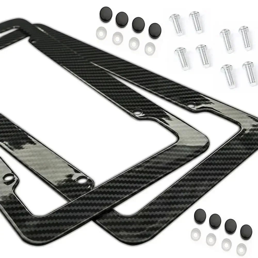 New 1/2pcs Black Carbon Fiber Pattern Plastic License Plate Frame Fiber Black Aluminum Metal Car Tag Holder Tire Screw Cap