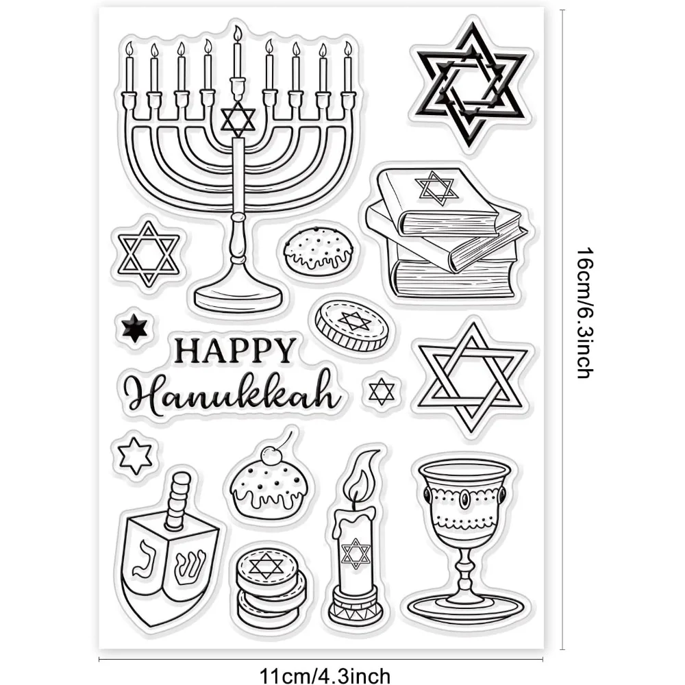 Happy Hanukkah Clear Stamp Candles Gold Coins Silicone Stamp Cakes Books Rubber Stamp Chanukah Transparent Silicone Stamp