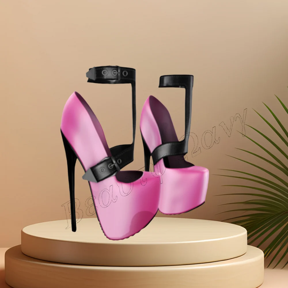 Pink Belt Decor Platform Pumps Spike Heel Cover Heel Round Toe Spike High Heel Shoes for Women High Heel 2024 Zapatillas Mujer