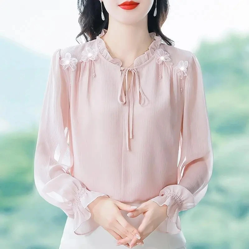 Chiffon Blouse Ladies Spring And Autumn 2026 New Mother Western-style Loose Female Beautiful Blouse Explosions Women Tops.