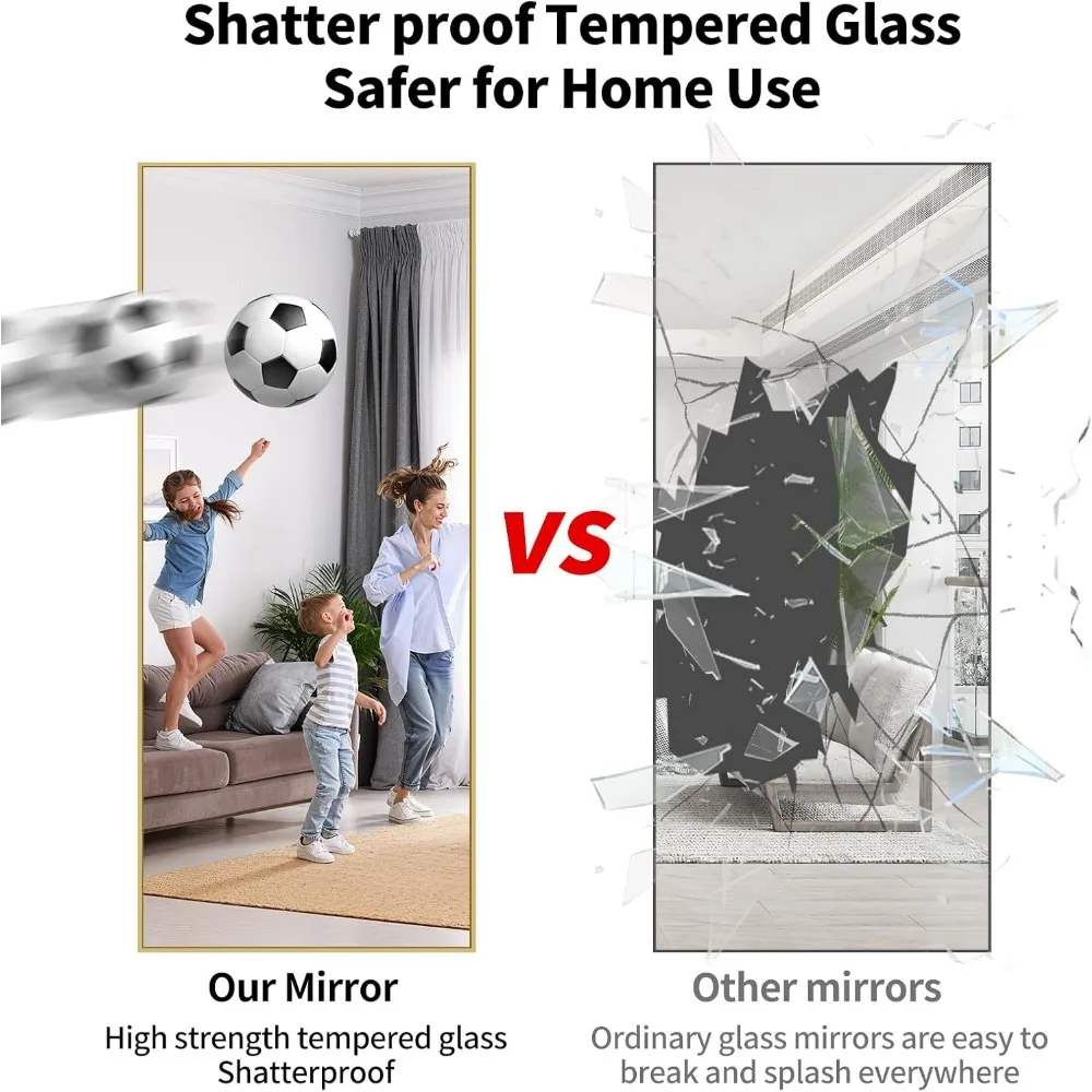 Espelho de chão dourado de comprimento total com suporte, espelho elegante de corpo inteiro para casa, espelho de parede grande