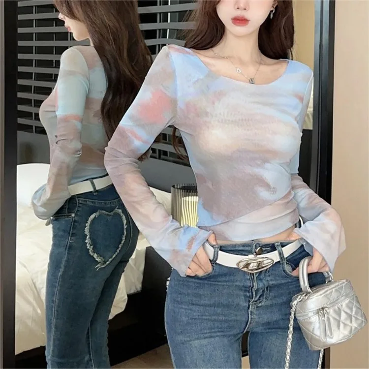 Y2k Grunge Slim Fit Thin Tops Women Vintage Blue Tie Dye Mesh O-neck T-shirts Summer New Long Sleeve Sun Protection Tee Shirt