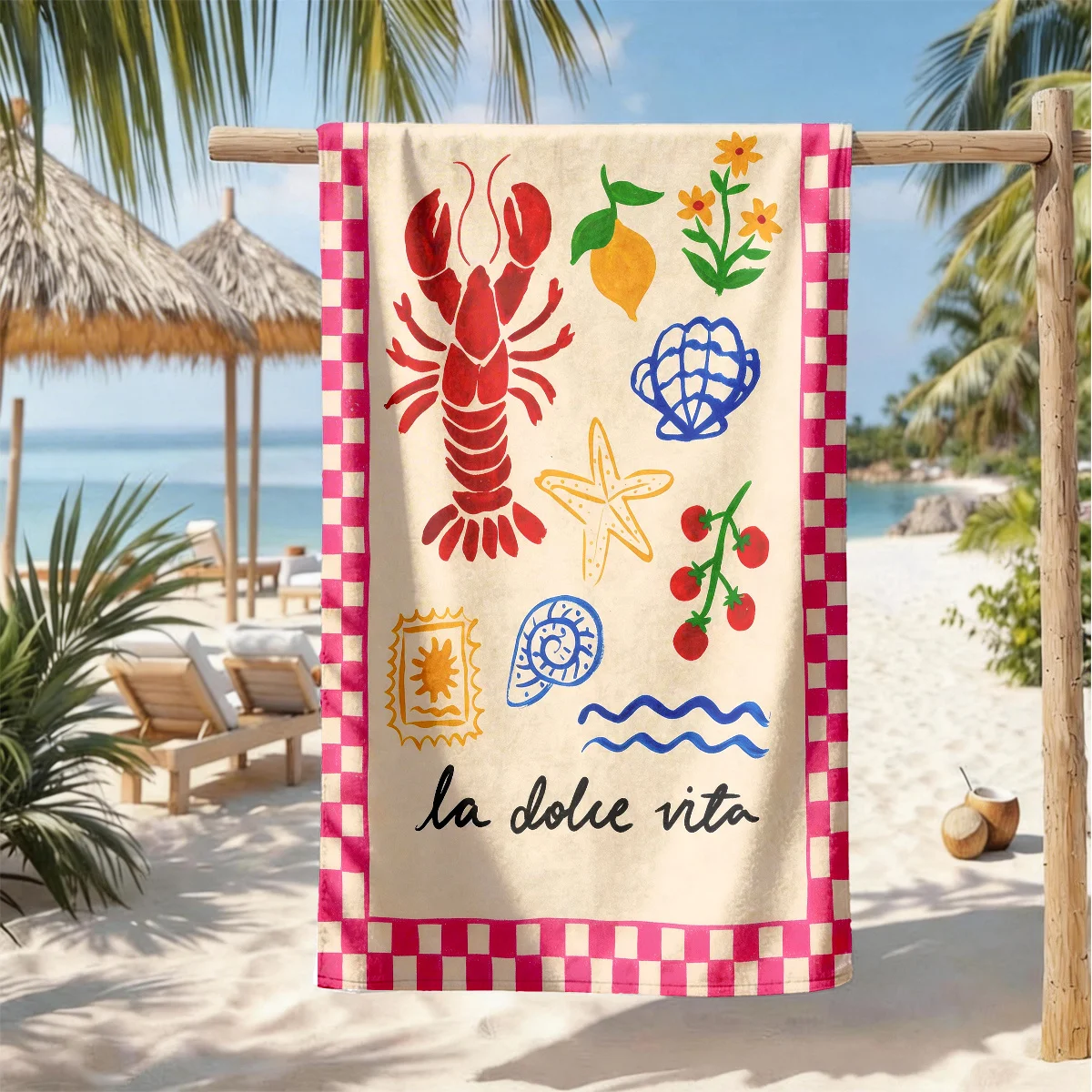 1PC Southern Italian Style Beach Towel with Lobster Starfish Lemon Print Soft Lightweight Swimming Beach Lay Towel Large Size