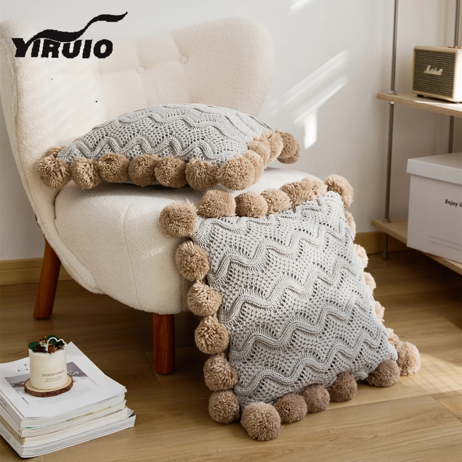 YIRUIO Kawaii Contrast Colo Pompons Cushion Cover Soft Cozy Chenille Stripe Design Bed Pillow Case Beige Gray Sofa Pillow Cover