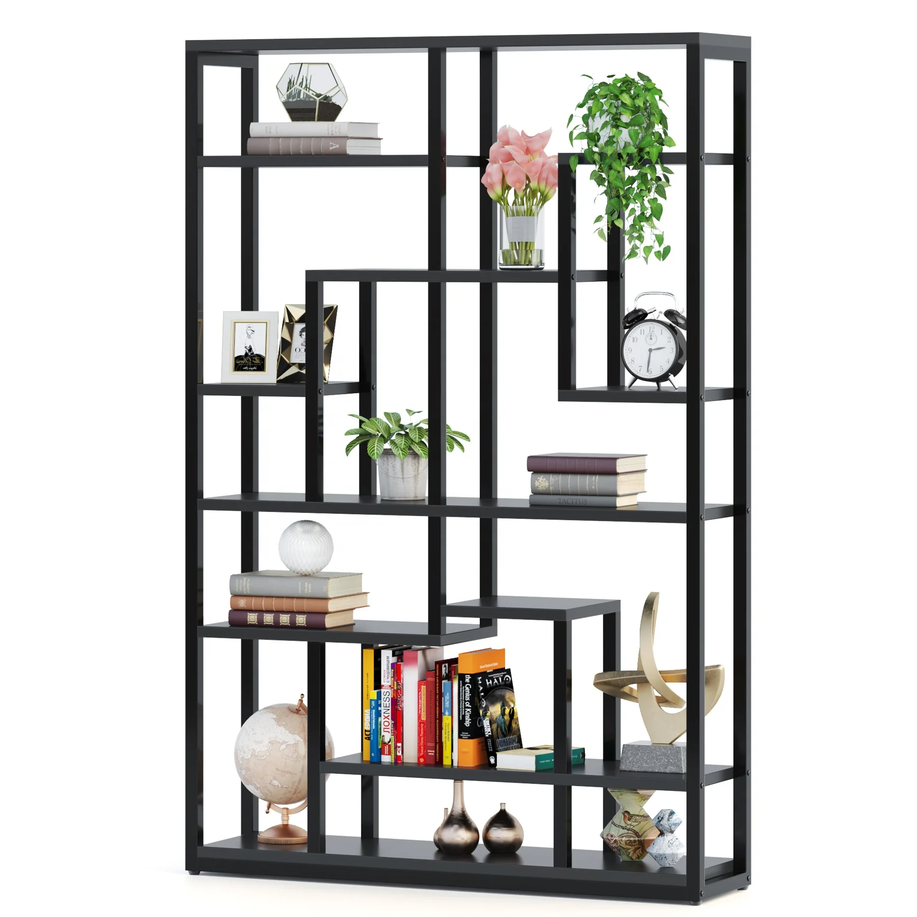 xx-New Modern Simple Design Wooden 9-Tier Vintage Wide Standing Bookshelf For Home Office Living Room Open Metal Bookcase*