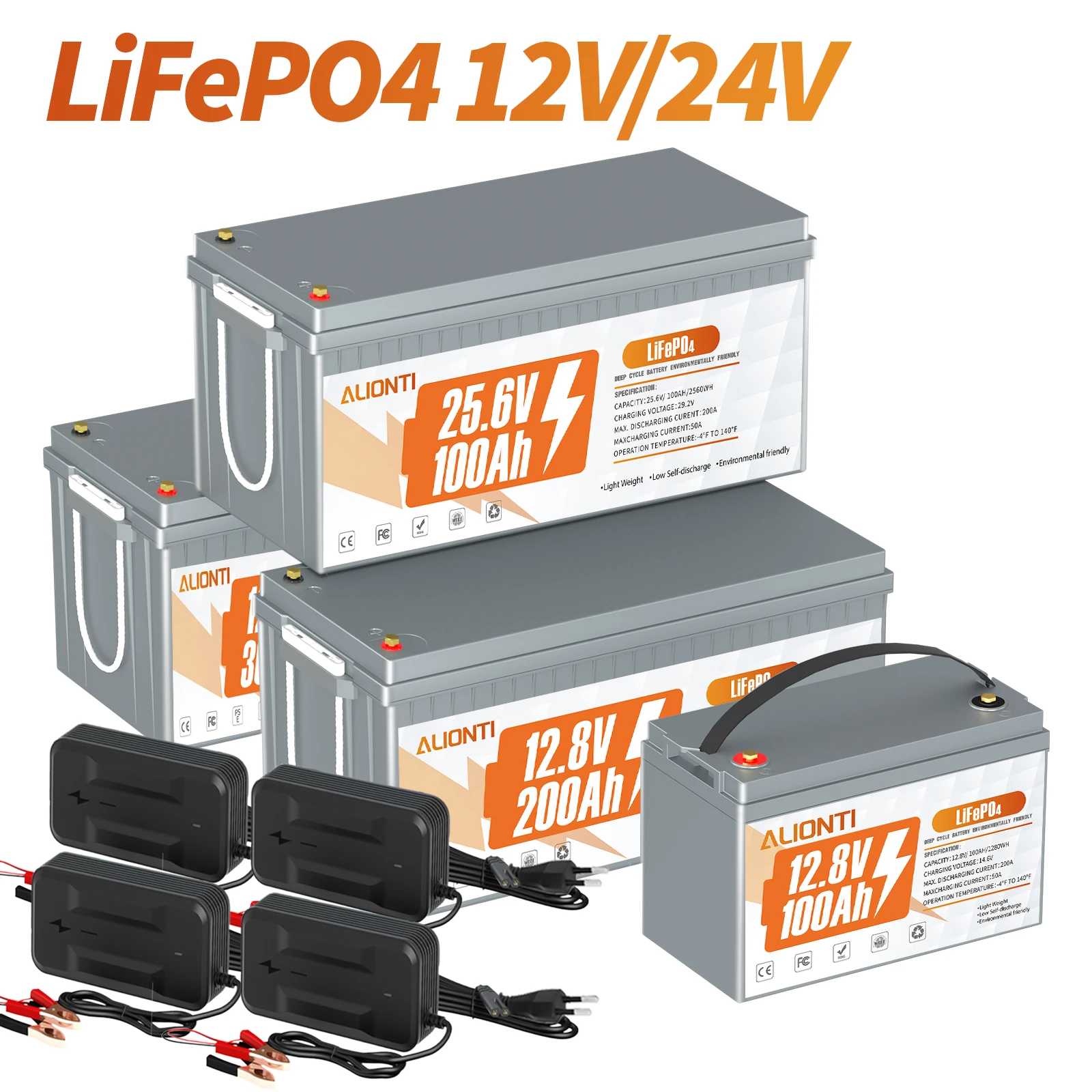 LiFePO4 Lithium Battery Built in BMS 12V 24V 100Ah 200Ah 300Ah Deep Cycle Rechargeable Battery Temperature Protection for RV EV