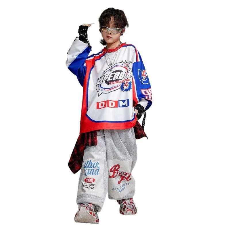 Kid Kpop Hip Hop Clothing White Print Sweatshirt Top Gray Casual Sweat Jogger Pants for Girl Boy Jazz Dance Wear Costume Clothes