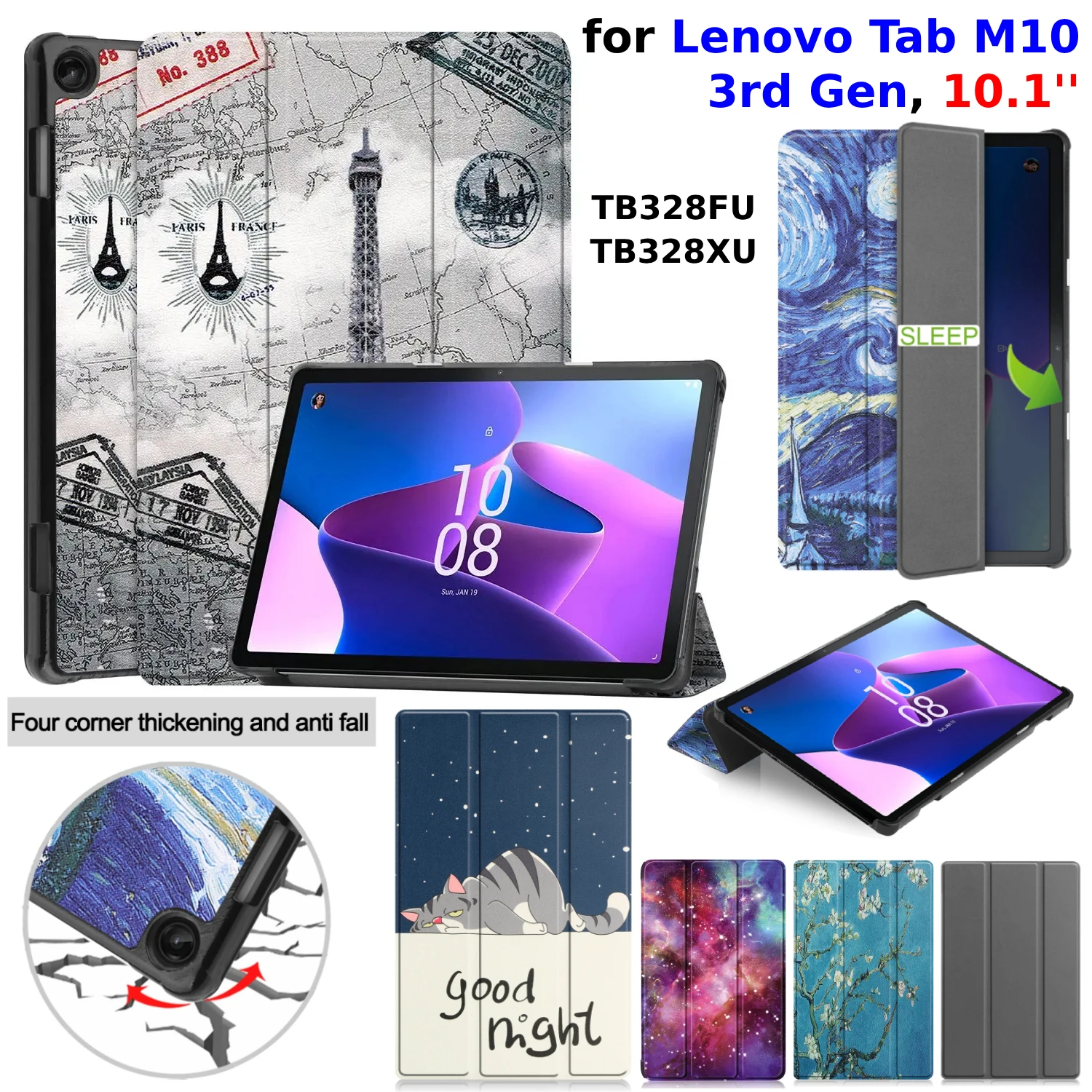 For Lenovo Tab M10 Case 3rd Gen TB328FU TB328XU 10.1 inch 2022 PU Leather Tri-Fold Stand Auto Wake Sleep Cover Tablet Case Funda