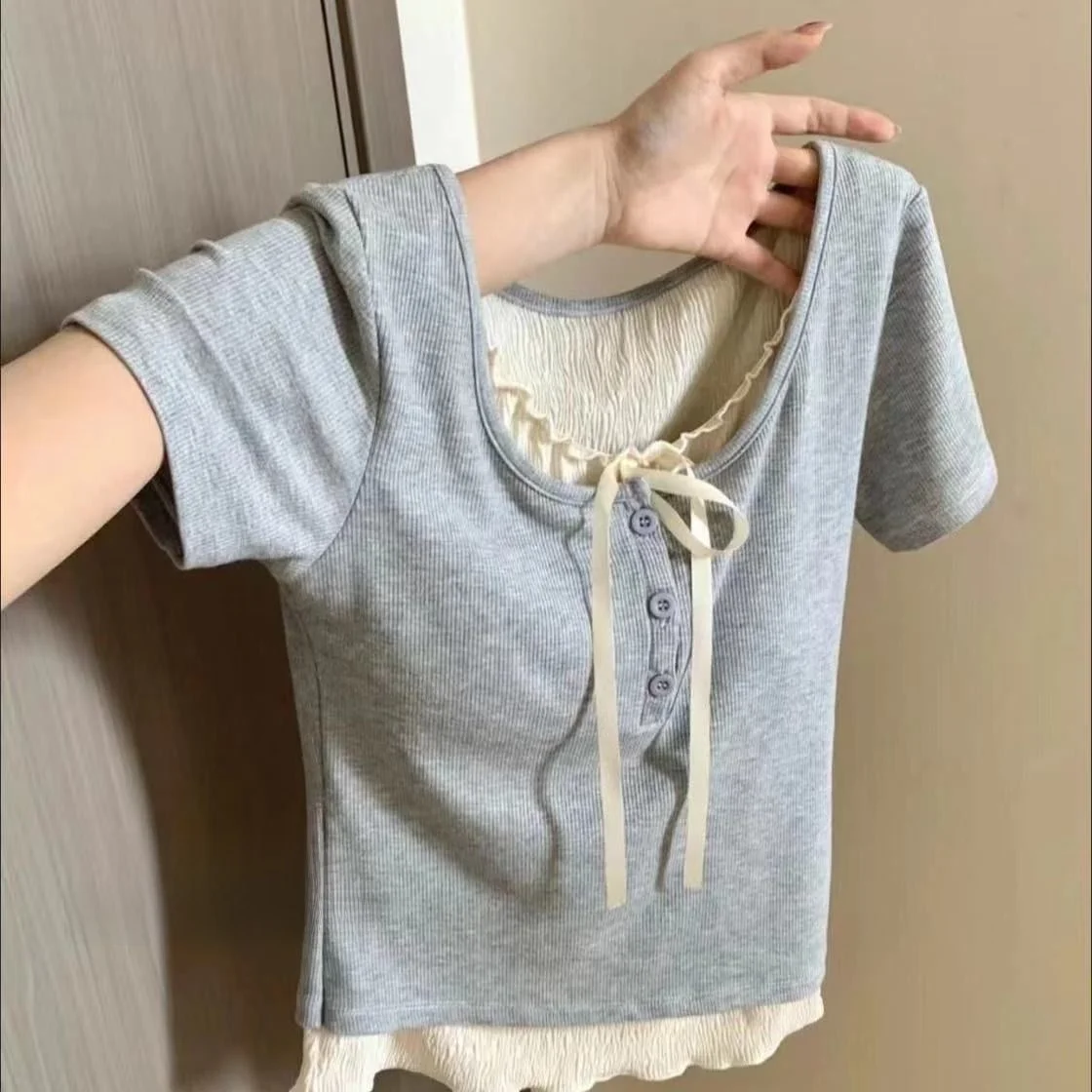 Design Sensation Shoulder T-Shirt Short Sleeve Fake Two-Piece Unique Style Summer Women's Top from Guangzhou Thirteenth Factory