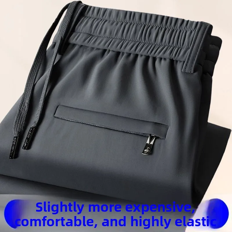 

Summer Ice Silk Elastic Men's Pants Thin Straight Loose Casual No Ironing Required Comfortable Lightweight Straight Leg Trousers