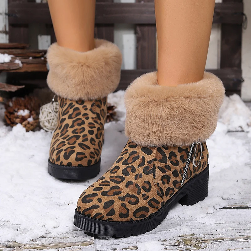 

Winter Women's Boots Leopard Print Suede Ankle Boots Women Fluffy Fur Boots Winter Plush Warm Cotton Shoes Botas Invierno Mujer