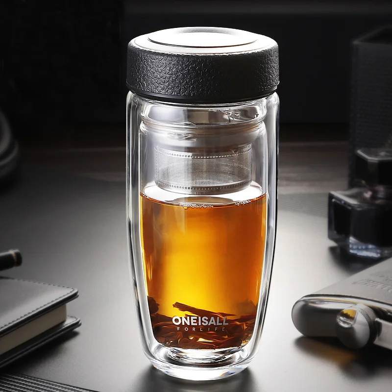 380ML Double Wall Glass Water Bottle High End Thickness Borosilicate Glass Elegant Leakproof Bottle With Tea Infuser For Car