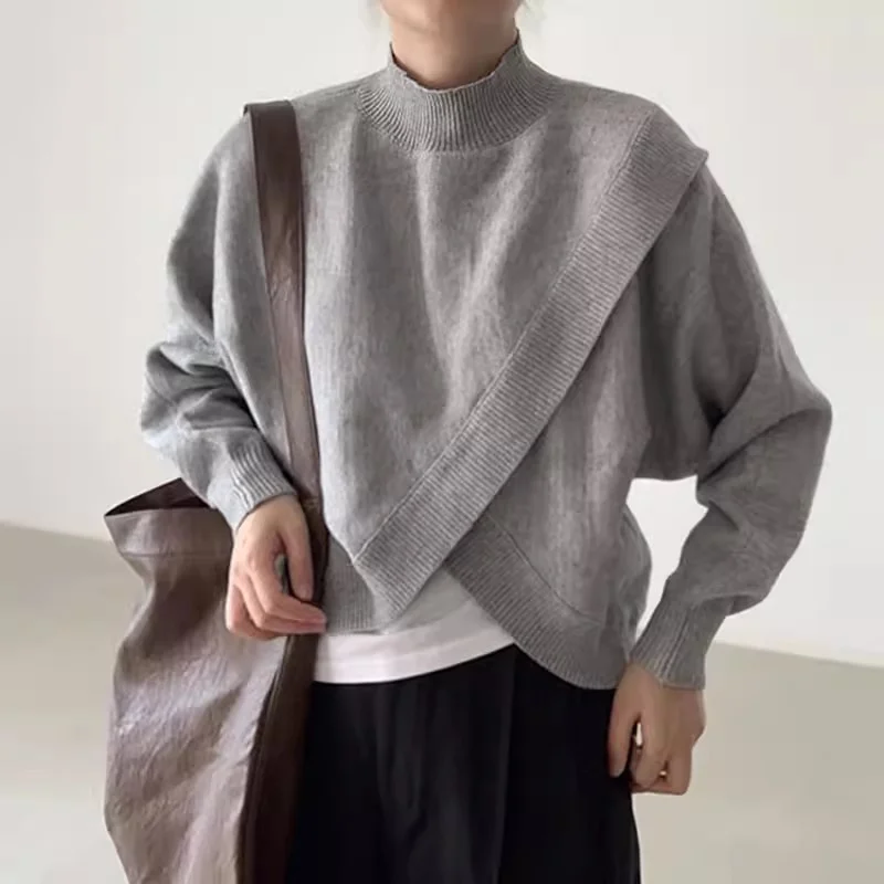 

Spring New Women Short Knit Sweater Pullover Tops Grey Black Half Turtleneck Cross Irregular Hem Long Sleeve Ladies Knitwear