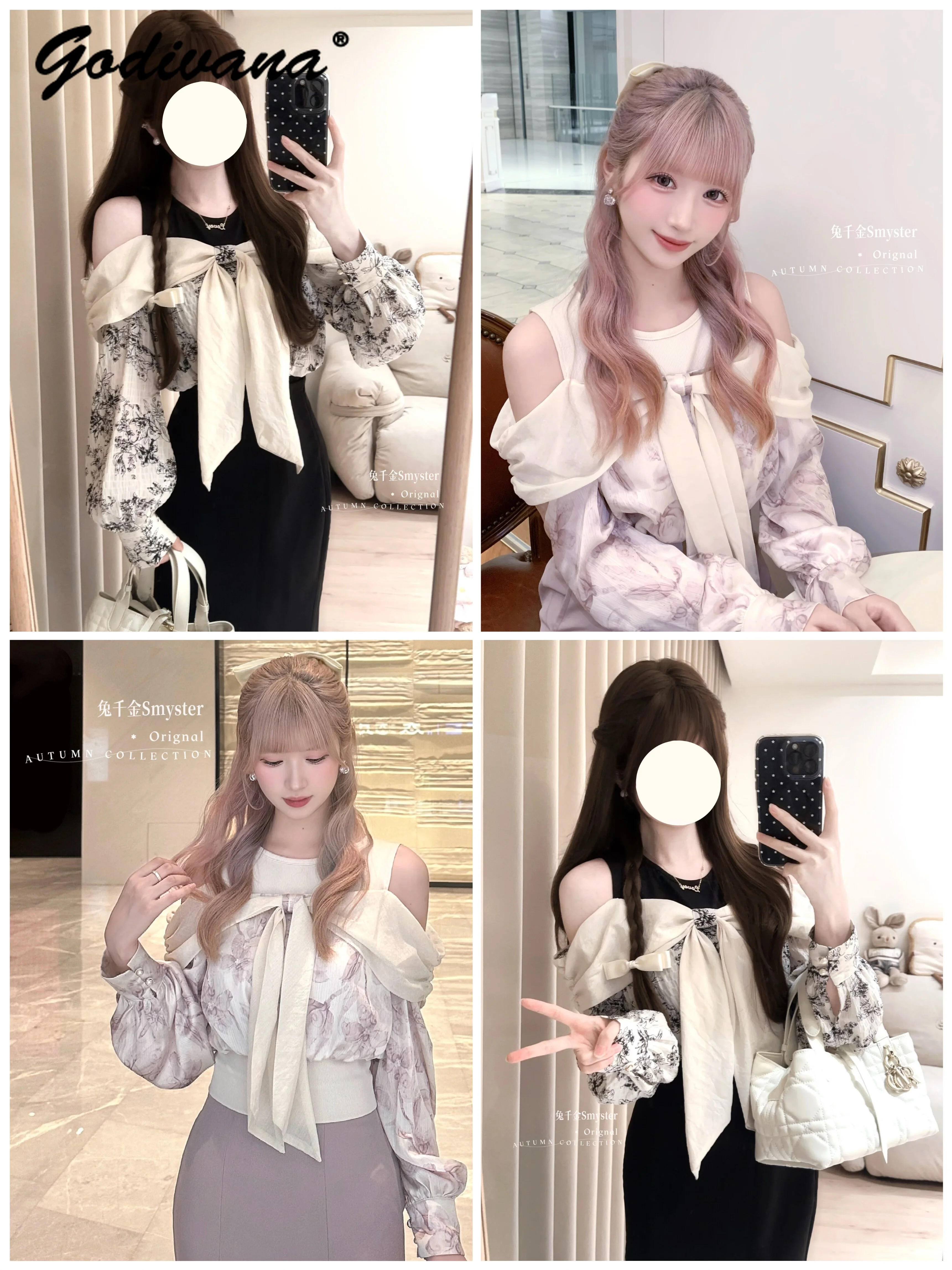 Original Japanese Style Sweet Skirt Set Ladies Elegant Big Bow Off Shoulder Long Sleeve Top and Fishtail Skirt 2 Piece Set
