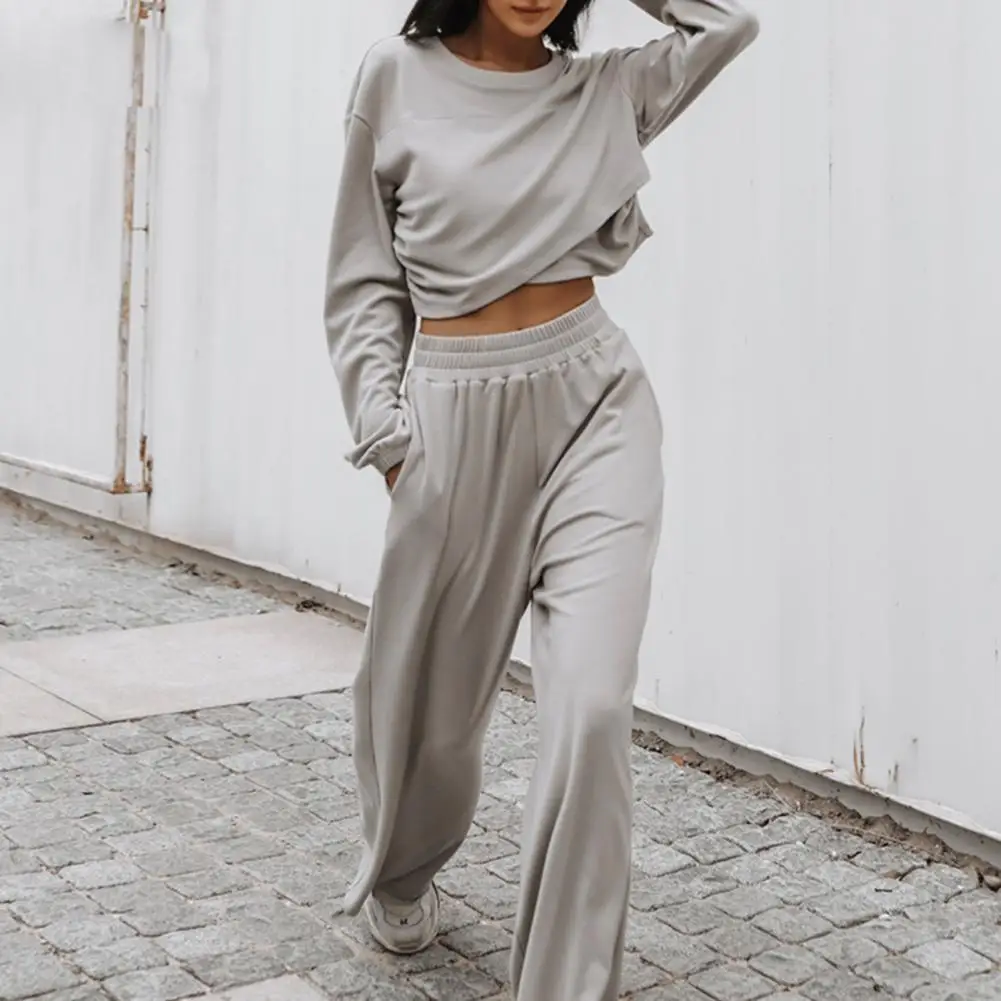 Wide-leg Pants Outfit Women's Round Neck Long Sleeve Sweatshirt Wide Leg Trousers Set for Sport Fitness Irregular Hem Design