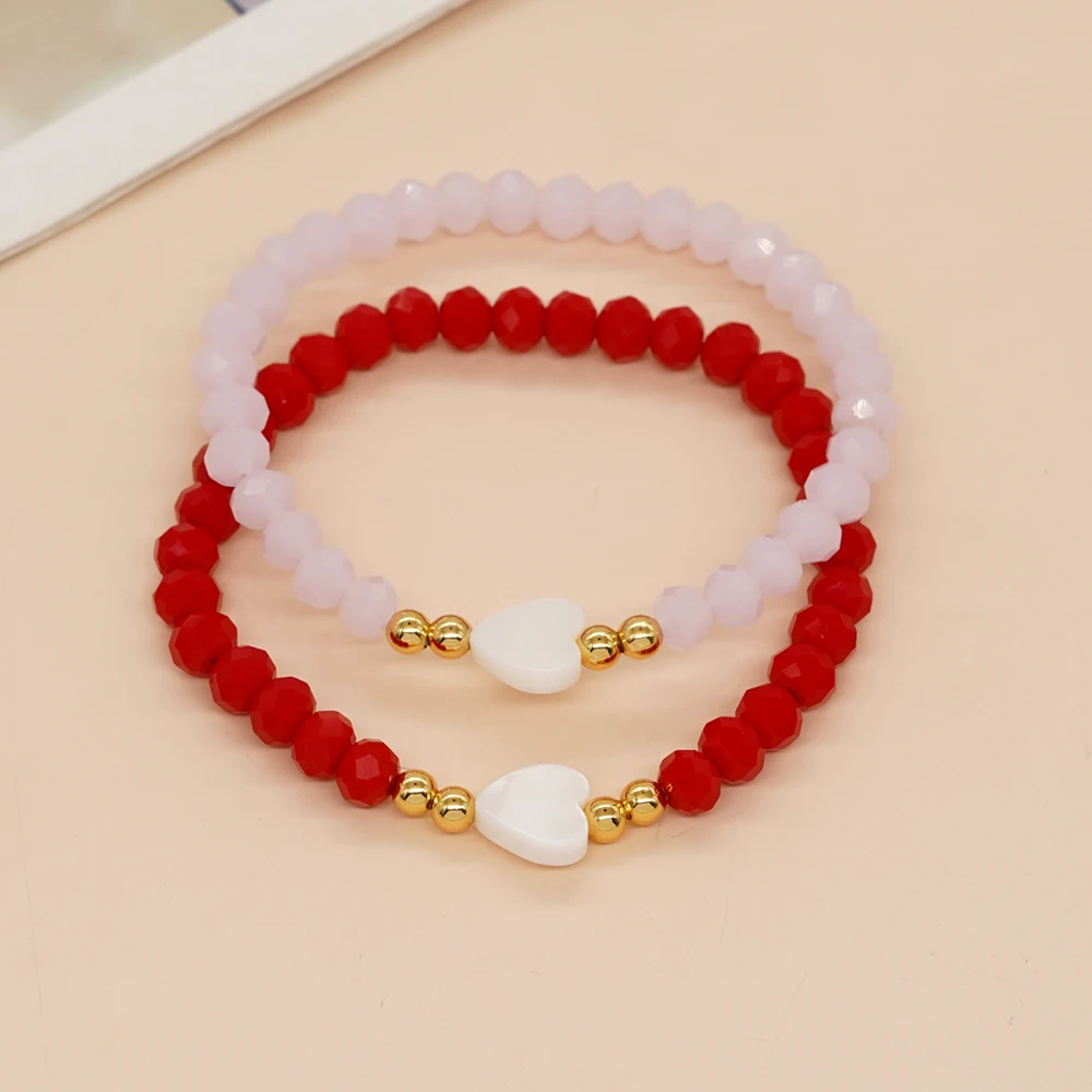 Go2boho Red&Pink Crystal Bead Shell Heart Bracelets For Women Summer Fashion Jewelry Best Friend Girlfriend Gift