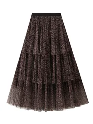 Tiered Leopard Tulle Skirt Women Fashionable Print Long Maxi Skirt Female Autumn Winter Vintage High Waist Mesh Skirt Lady