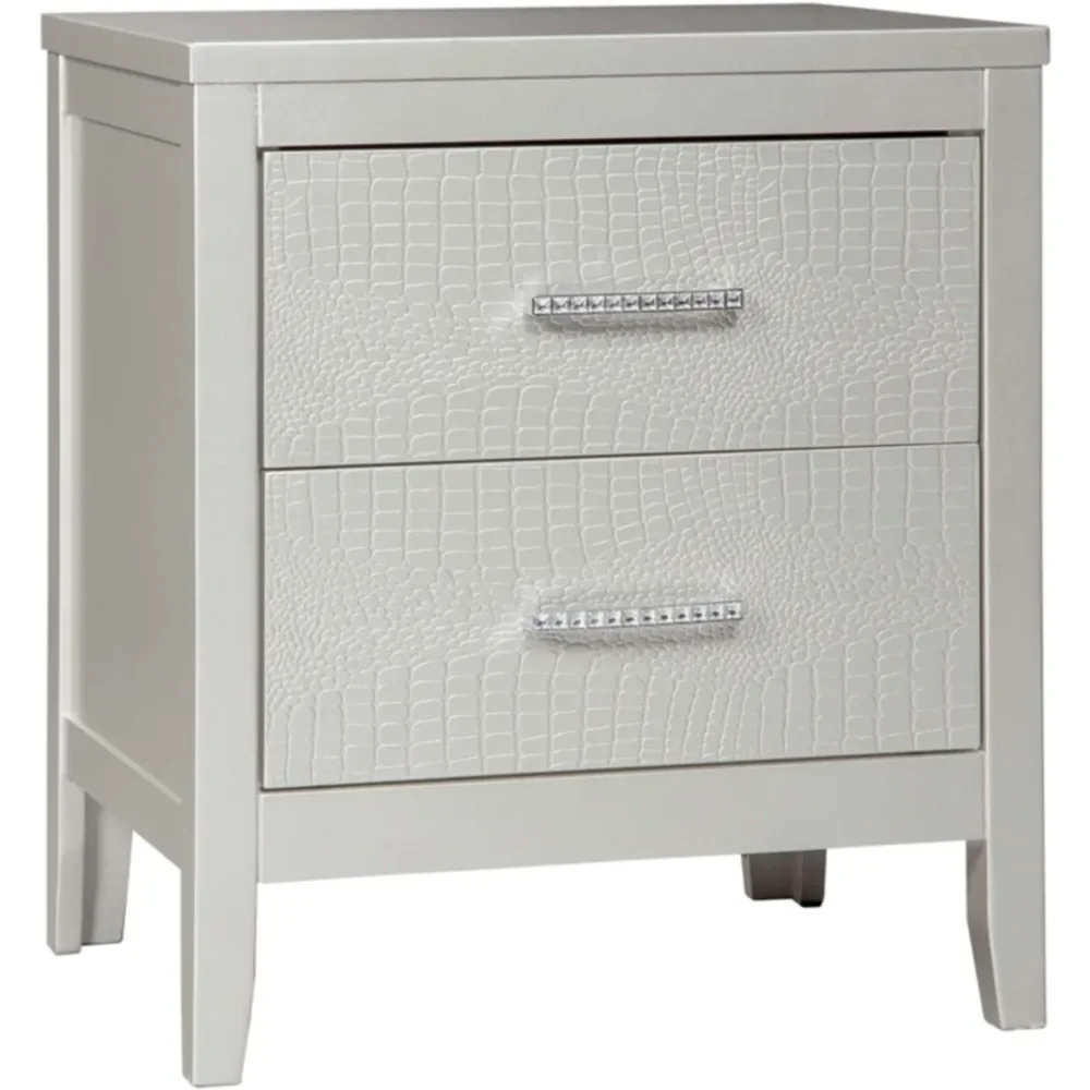Signature Design by Ashley Olivet Glam 2 Drawer Nightstand with Faux Shagreen Drawer Fronts, Silver