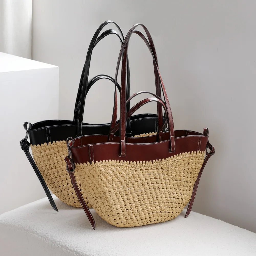 Cowhide Splicing Woven Handbag Holiday Style Simple Large-capacity Stylish Simple Beach Straw Hollow Armpit Versatile Texture