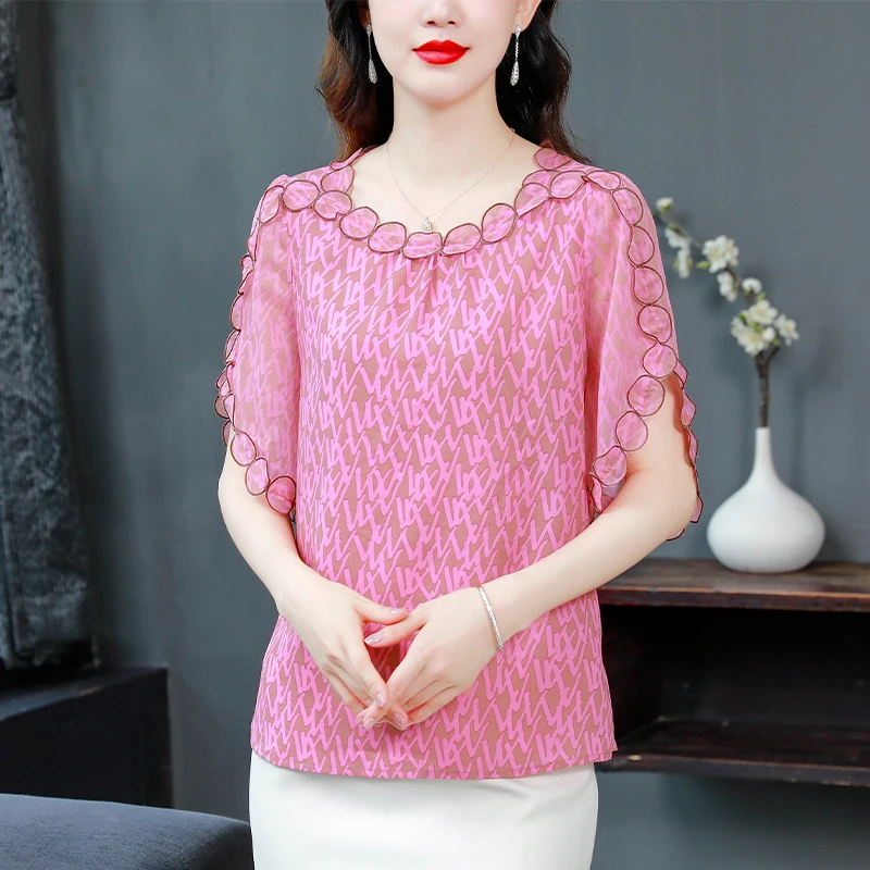 Korean Flying Sleeve Embroidery Tops Casual Loose Women clothing New Fashion Chiffon Shirt Summer Pullovers Blouse