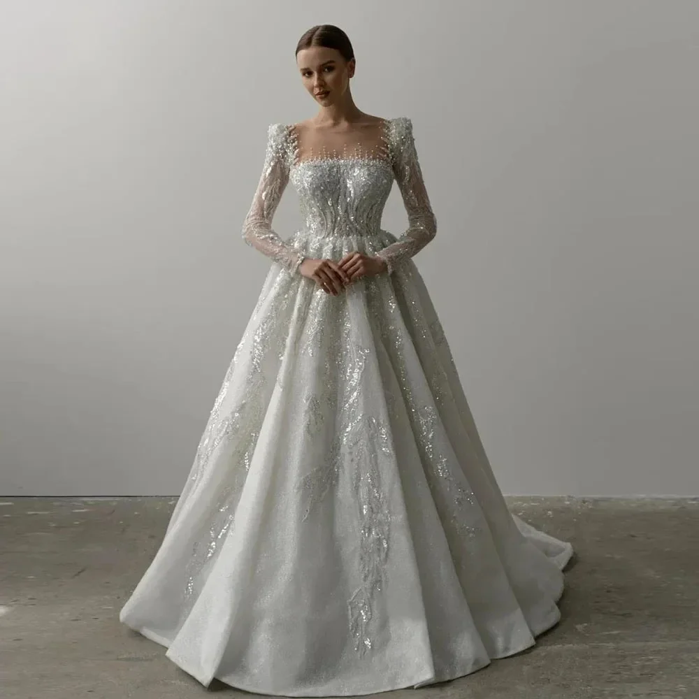 Vestidos de novia personalizados de línea A, vestido de novia de manga larga con cuello cuadrado, vestidos de novia hechos a medida con cuentas de encaje de alta calidad