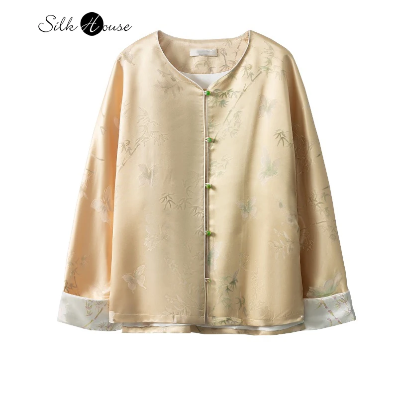 

Heavy Duty Silk Satin Women's Top New Chinese Style 32MM Natural Mulberry Silk Long Sleeved Jacquard Cardigan Jacket Autumn