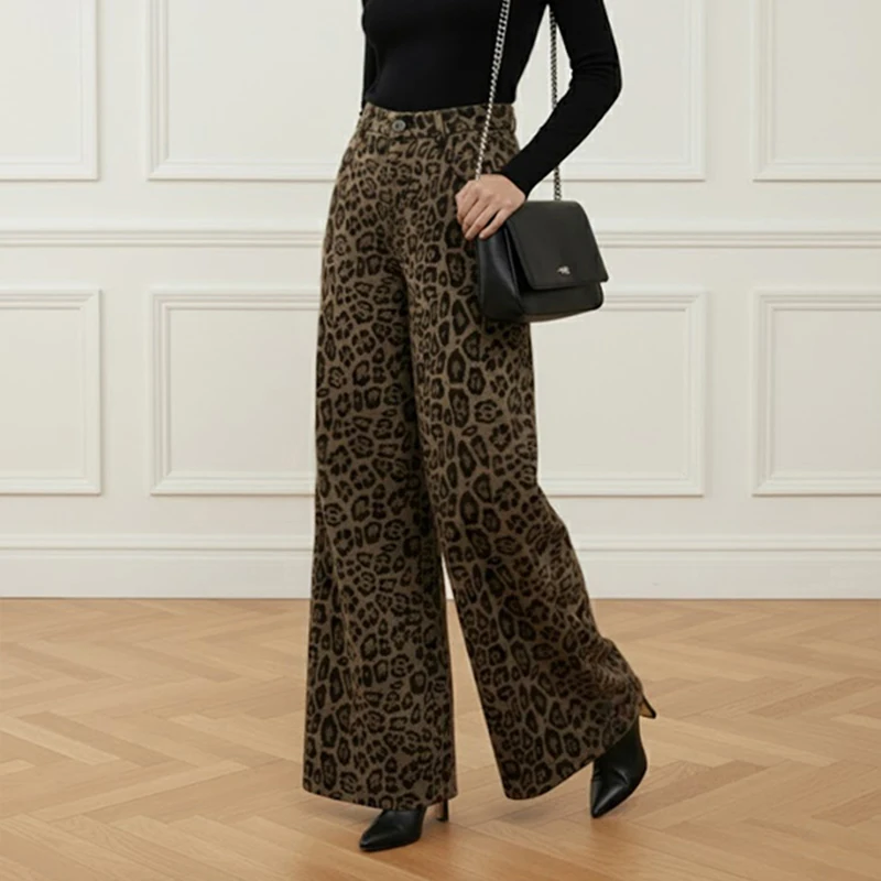 Modigirl المرأة الخريف الشتاء المرقعة الحياكة بناطيل تدفئة 2025 ليوبارد واسعة الساق الحضرية الخروج العصرية السيدات تمتد قيعان