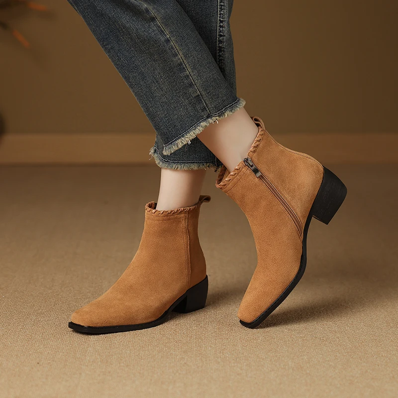 

2026 New Fashion Cow Suede Women Autumn Winter Ankle Boots Western Cowboy Shoes Mid Heels Square Toe Lady Short Boots Shoes