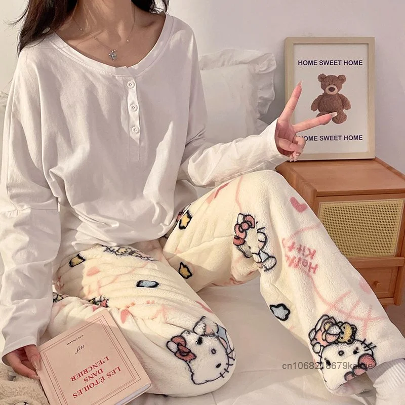 Sanrio Hello Kitty Cartoon Winter New Women\'s Coral Fleece Pajama Pants Sweet Y2k Girl Style Fashion Thickened Warmth Home Pants