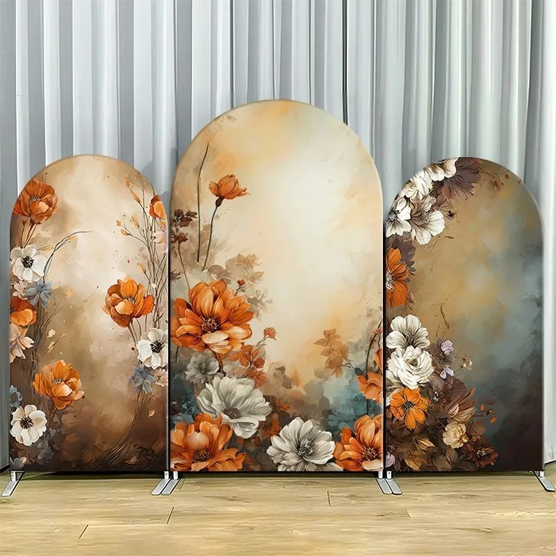 Elastic Double-layer Arch Backdrop Cover Elegant Floral Backdrop Panel Set Vintage Orange White Flower Design for Weddings
