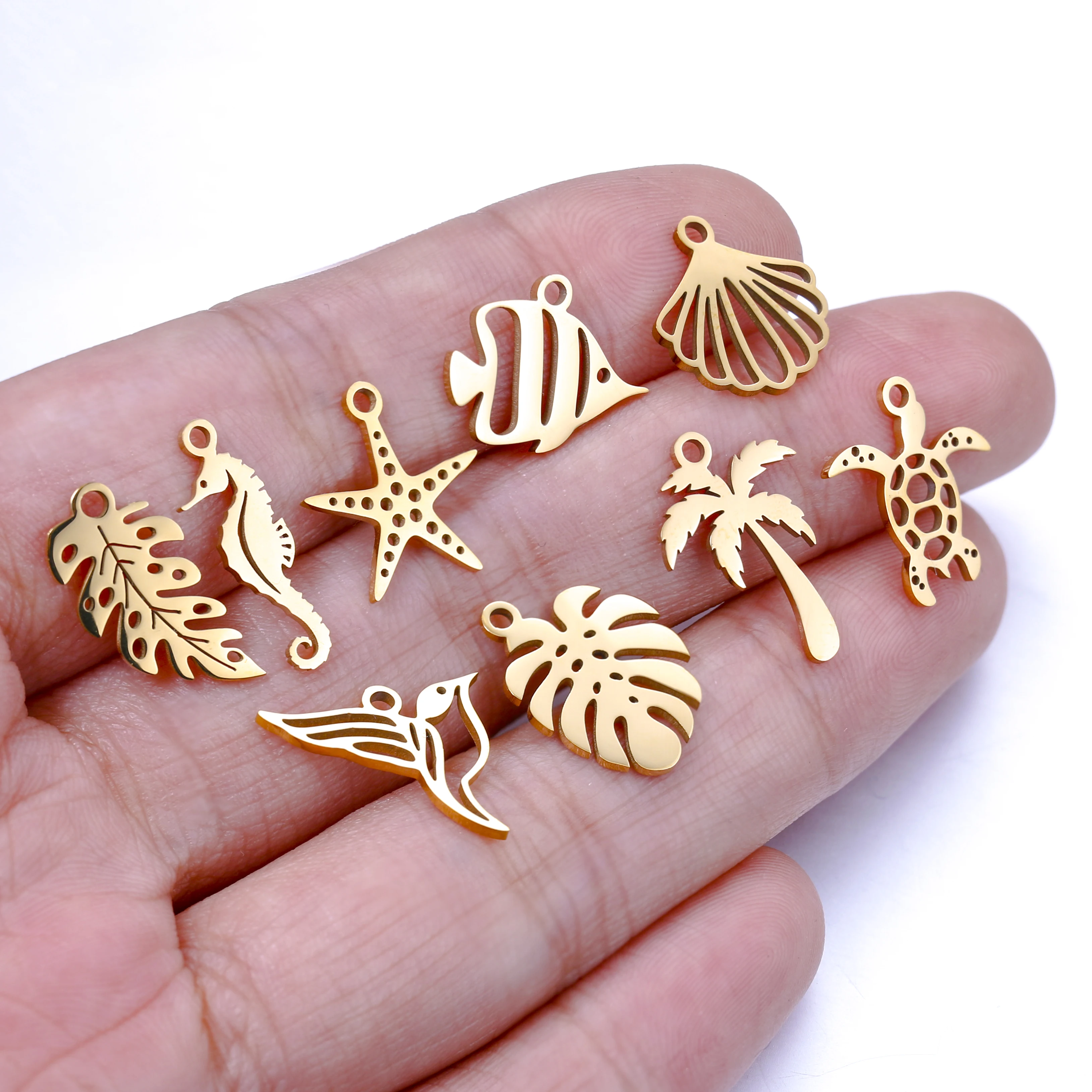 5pcs Stainless Steel Tropical Marine Life Seahorse＆Sea Turtle＆Starfish＆Shell Charms Pendant DIY Jewelry Accessories Wholesale