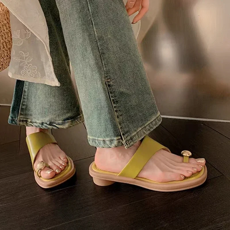 Women Chunky Heels Slippers 2023 Summer French Elegant Square Toe Sandals with Metal Buckle Decoration Low Heel Slippers Women