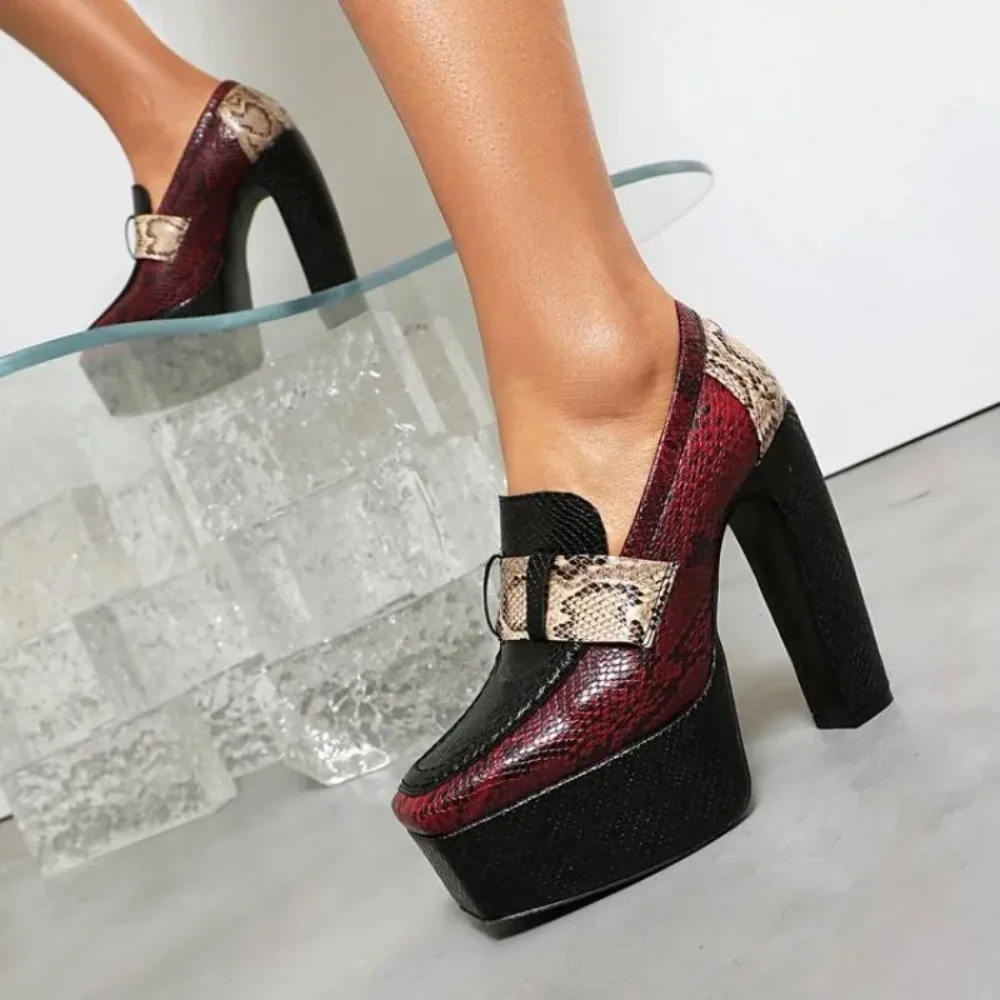 Pumps Spring and Autumn new style fashion color blocking square head waterproof high heels loafers women's shoes high 13.5cm