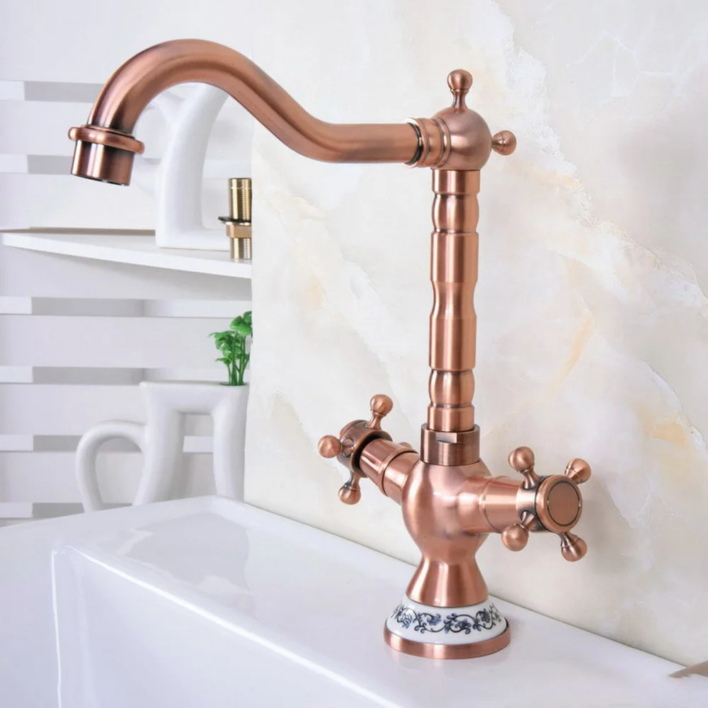 

Bathroom Faucet Antique Red Copper Double Cross Handles Bathroom Basin Faucets Deck Mount Bathbasin Vanity Mixer Taps znf613