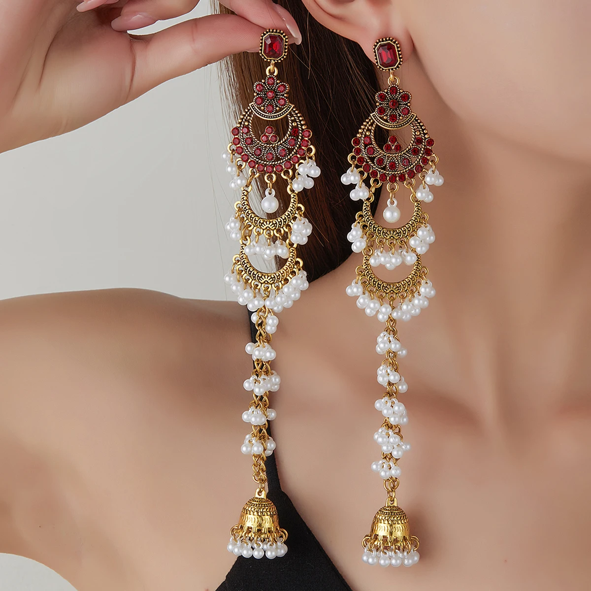 Vintage Ethnische Gold Farbe Aussage Schmuck Ohrring Frauen Geometrische Kristall Perle Quaste Lange Ohrringe Party Schmuck Brincos