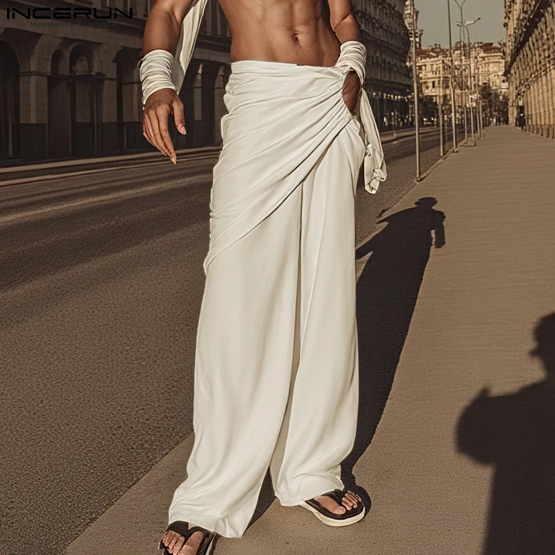 

INCERUN 2025 Korean Style Stylish Pant Men's Pleated Hollowed Trousers Casual Streetwear Male Solid Straight Leg Pantalons S-5XL