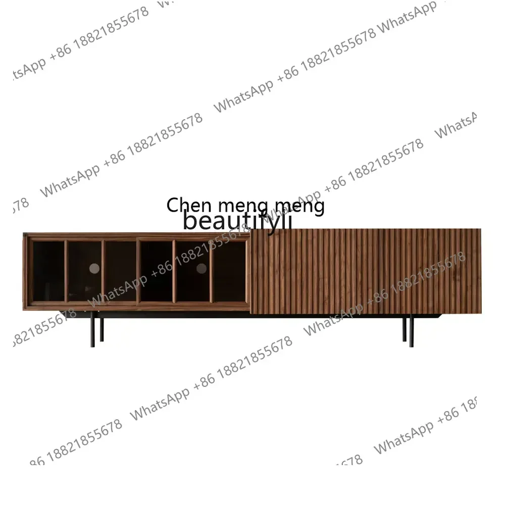 

cc182R11 TV Cabinet Solid Wood Minimalist Black Walnut Wooden Tea Table Designer Advanced Nordic Style Glass Door