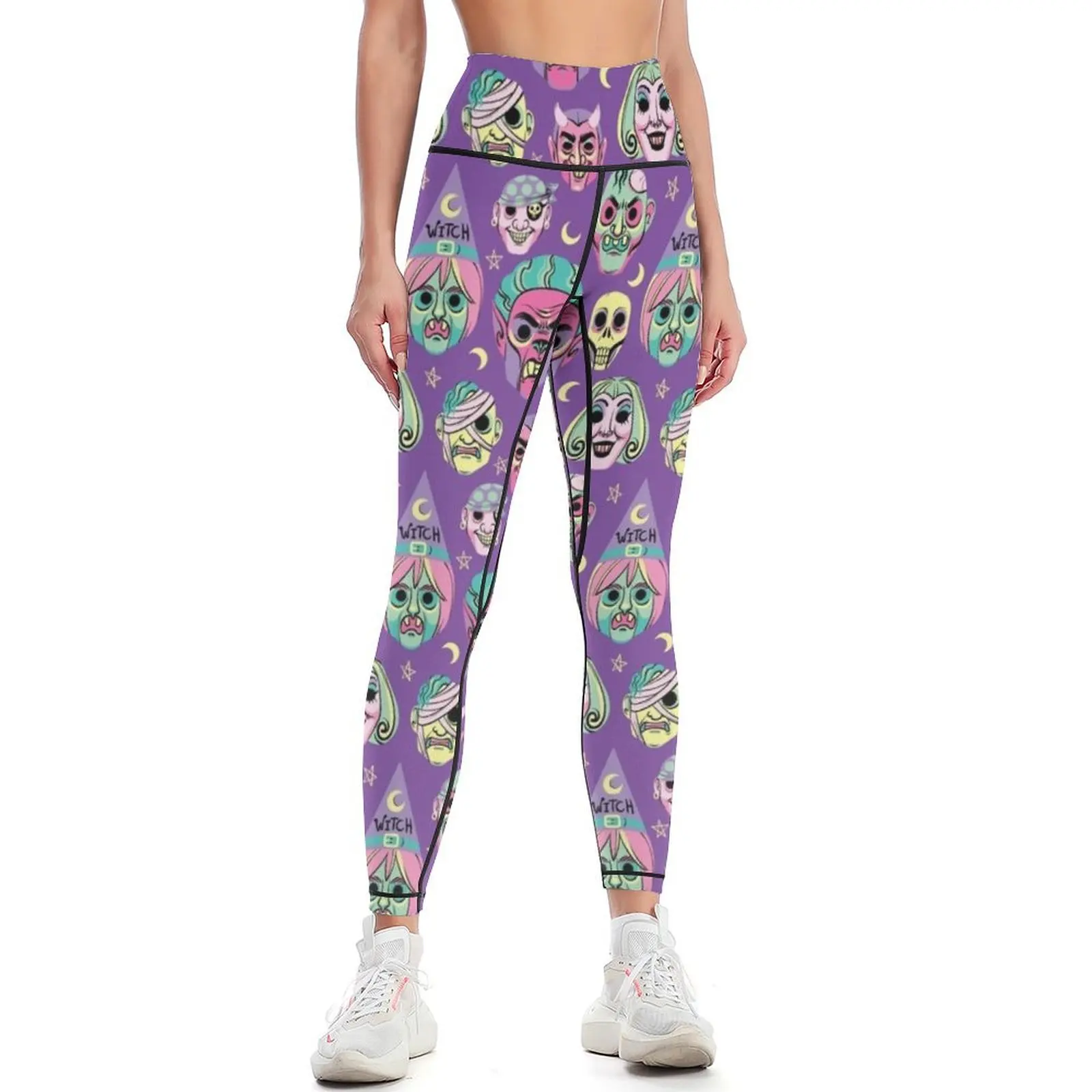 Vintage Halloween Masks in Pastel Leggings Pants sport sporty woman gym Womens Leggings