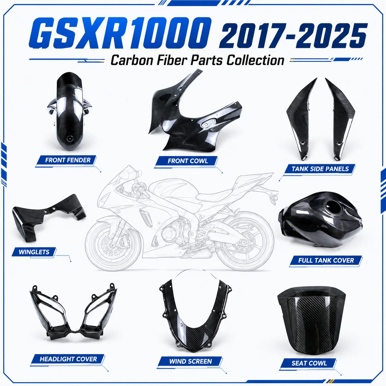 

Carbon Fiber Parts Fairing Cover Tank Side Panels Seat Cowl Front Fender for Suzuki GSXR1000 GSX-R1000R 2017-2025 Motorcycle Kit