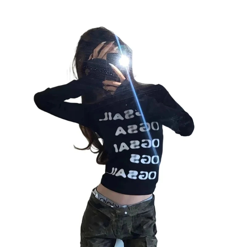 

Vintage Print Graphic Tops Black Skinny Letter T Shirt Women Y2k American Retro 90s Crop Tops Streetwear Fashion Tees