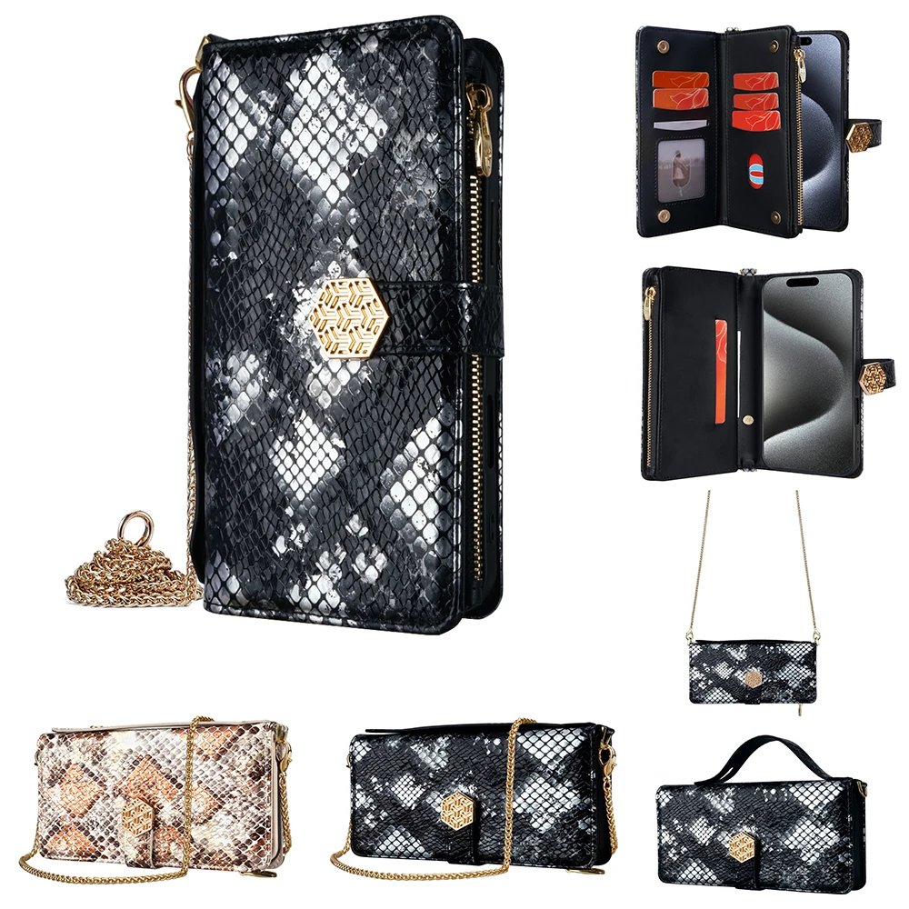 

Zipper Shoulder Wallet Case For OPPO Find X7 Ultra X6 Pro X5 Lite X3 X2 Neo Multi 6 Cards Snake Pattern Leather Handbag Cover