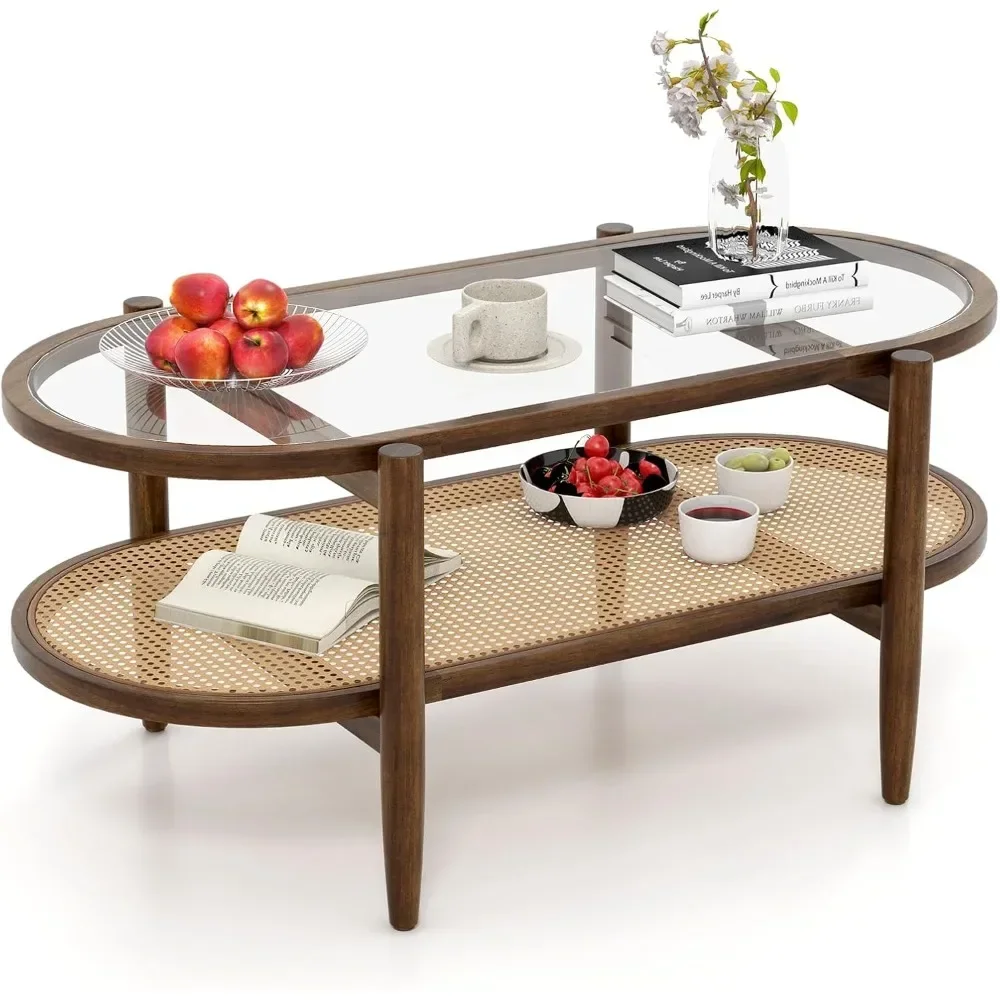 Rattan Coffee Table, 2-Tier Oval Acacia Wood Tea Table w/Tempered Glass Tabletop & PE Rattan Storage Shelf, Boho Cocktail Tables