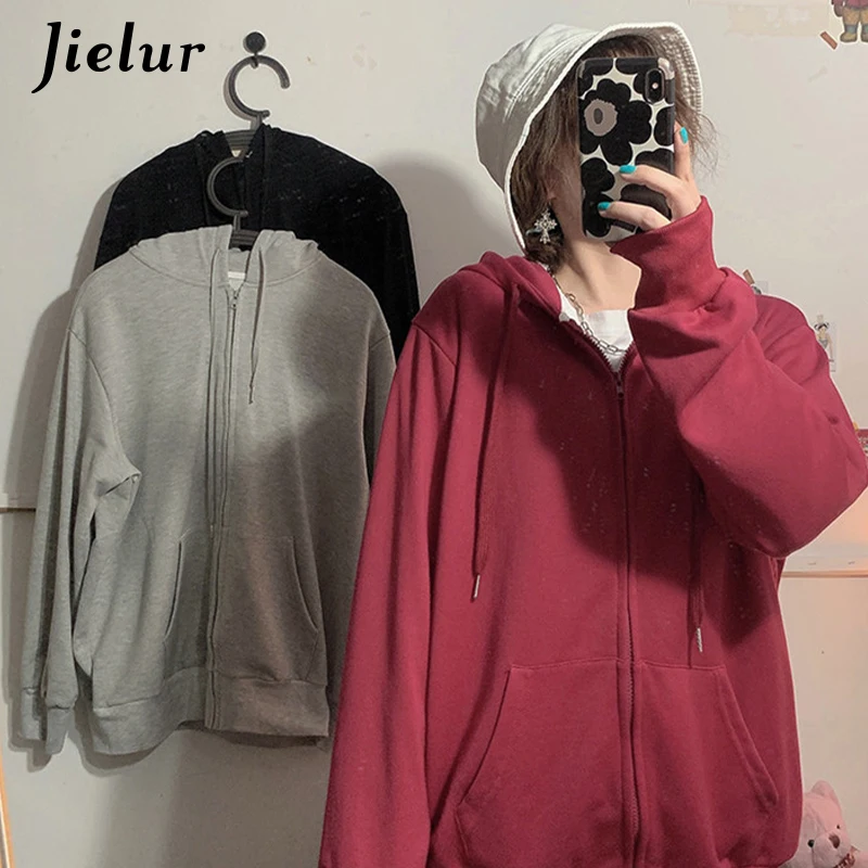 Jielur-Sudadera con capucha para mujer, chándal con cremallera, color rojo, negro y gris, moda urbana Harajuku, M-XXL de otoño