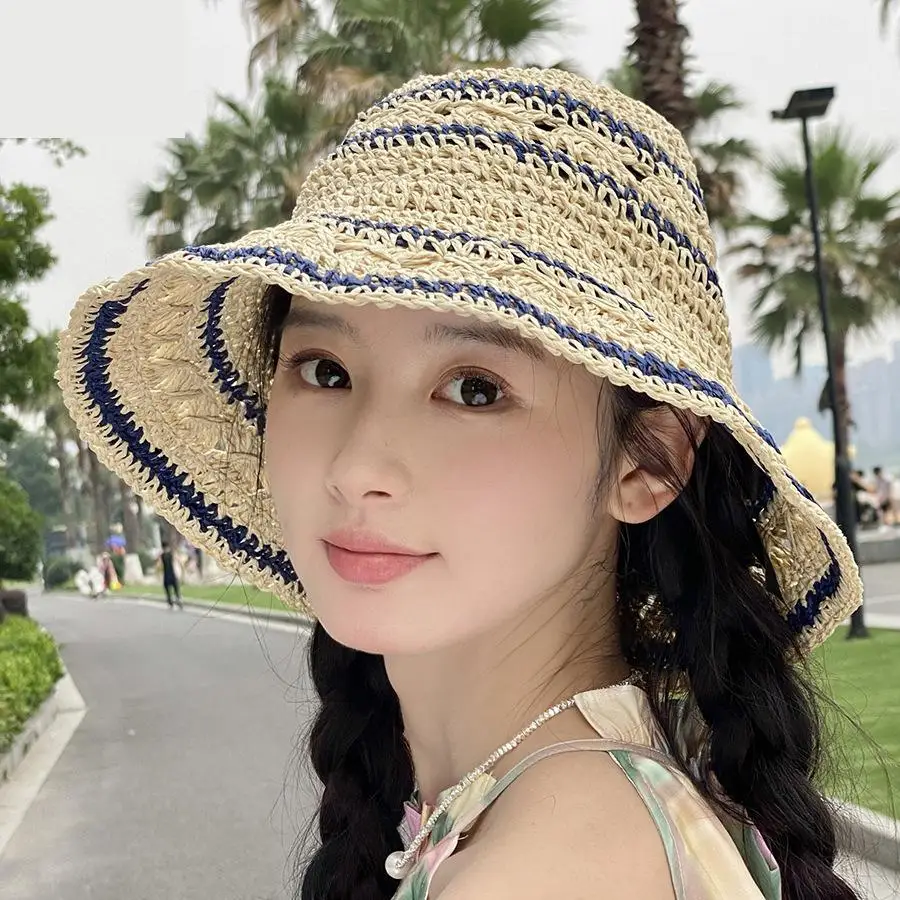 Women's Straw Sun Hat Classic Flat Beach Hat Summer Sun Protection Hat Wide Brim Panama Hats Handmade Striped Sunshade Hollow