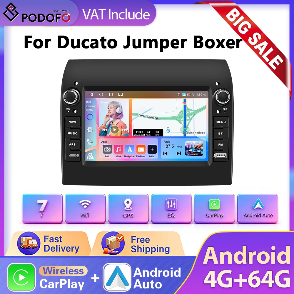 Autoradio Podofo 7 pouces HD avec CarPlay sans fil, Android Auto, GPS, WiFi, lecteur multimédia FM BT pour Fiat Ducato Jumper Boxer