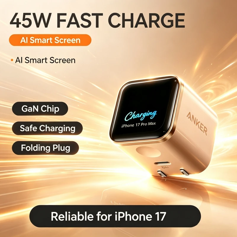 Anker Nano 45w Gan Fast Charger With Ai Display Smart Compatible For Phone 17 Pro Max 16 Pro 15 14 Portable Wall Charger