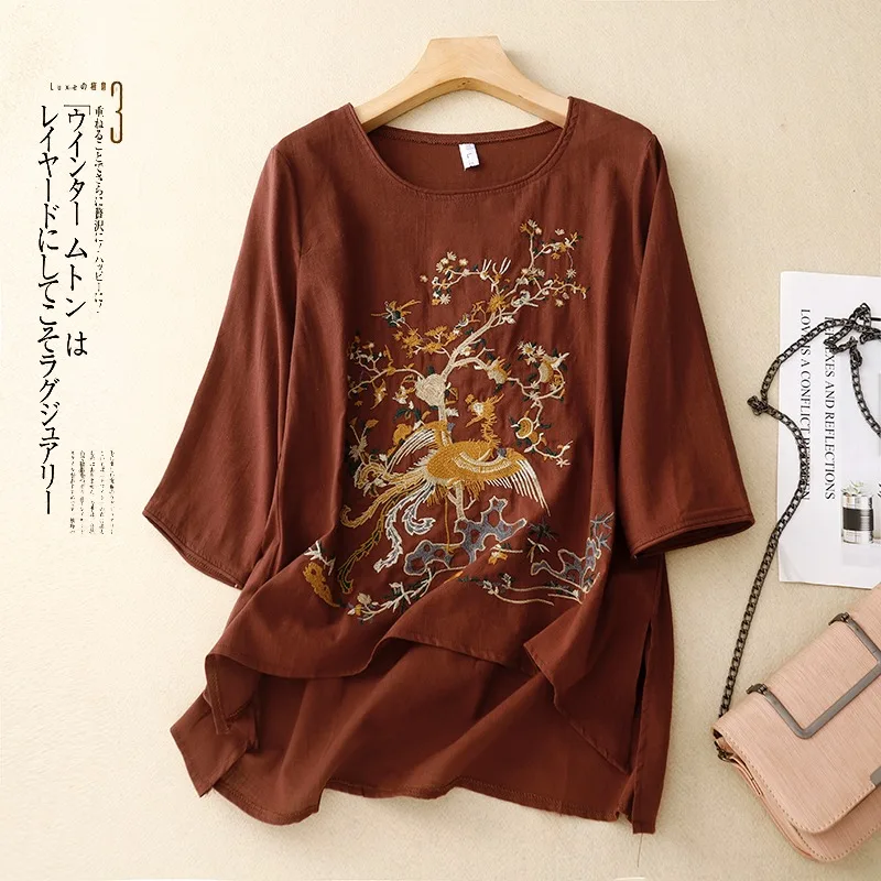 Chinese Style Embroidery Women\'s T-shirts Summer Cotton Linen Tees Loose Vintage Women Tops O-neck Clothing 2024 Korean