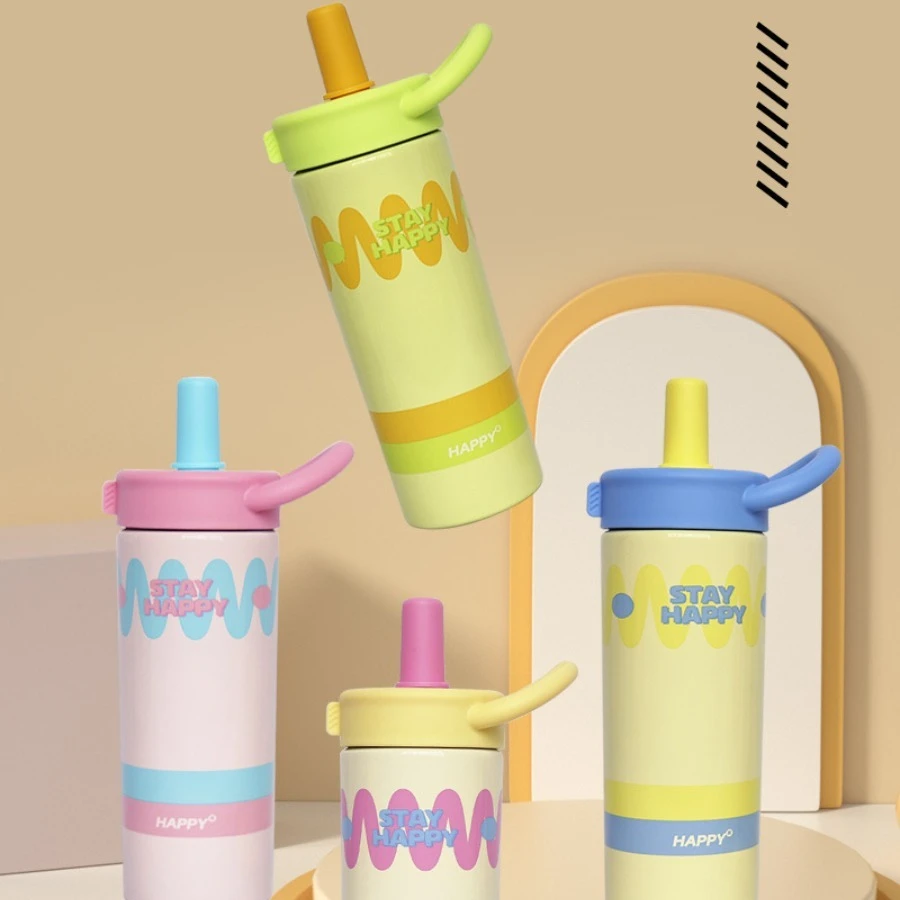 

New simple double-drinking anti-scald handles cute print portable straw cup fashion creative stainless steel insulation cups