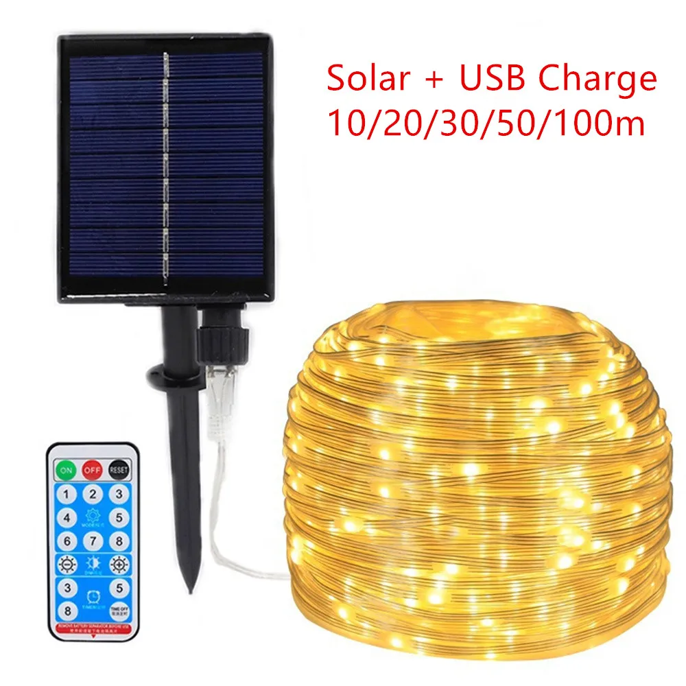 Leather LED Solar and USB Charge String Fairy Lights 100M Christmas Lights Waterproof Outdoor Garland High-Power